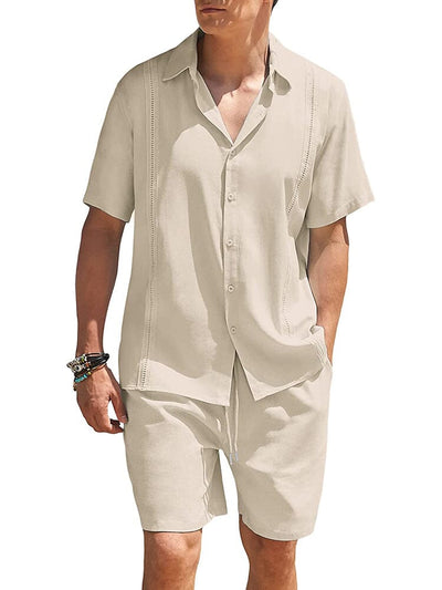 2 Piece Beach Guayabera Linen Set (US Only) Sets COOFANDY Store Khaki S 