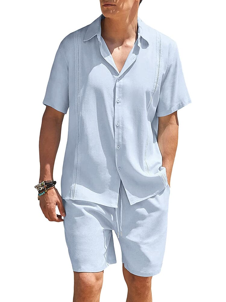 2 Piece Beach Guayabera Linen Set (US Only) Sets COOFANDY Store Clear Blue S 