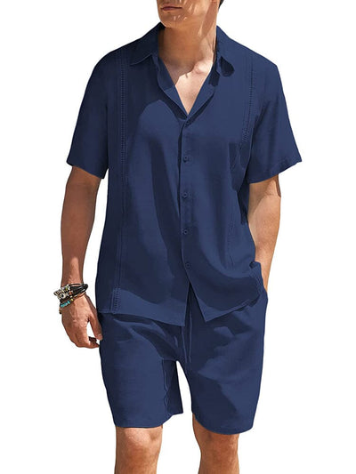 2 Piece Beach Guayabera Linen Set (US Only) Sets COOFANDY Store Navy Blue S 