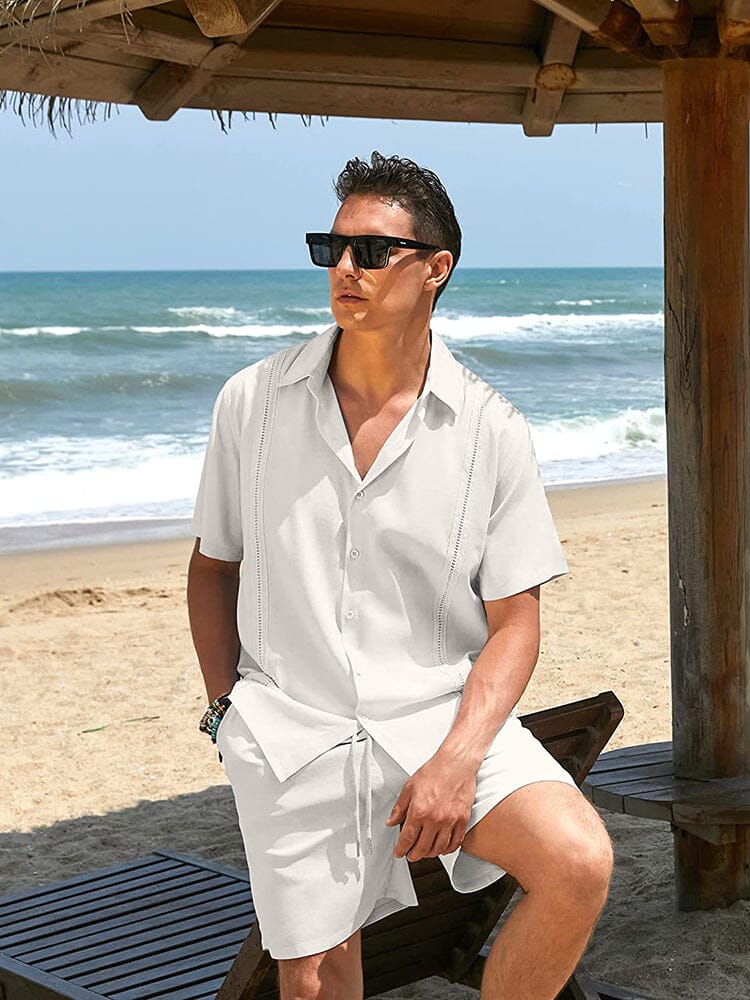 2 Piece Beach Guayabera Linen Set (US Only) Sets COOFANDY Store 