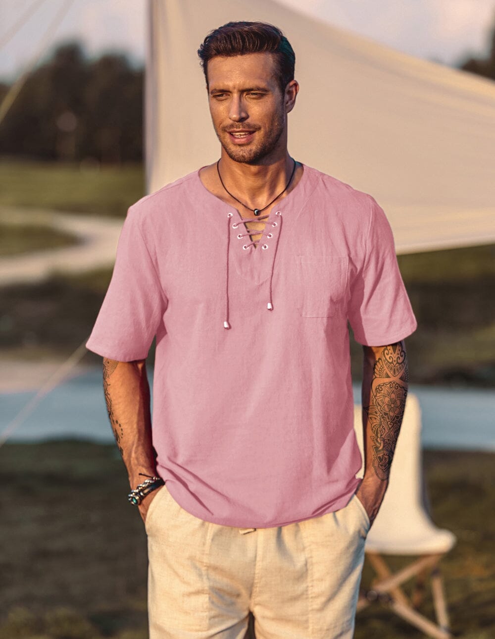 Coofandy Casual Linen Style V Neck Shirts (US Only) Shirts coofandy Pink S 