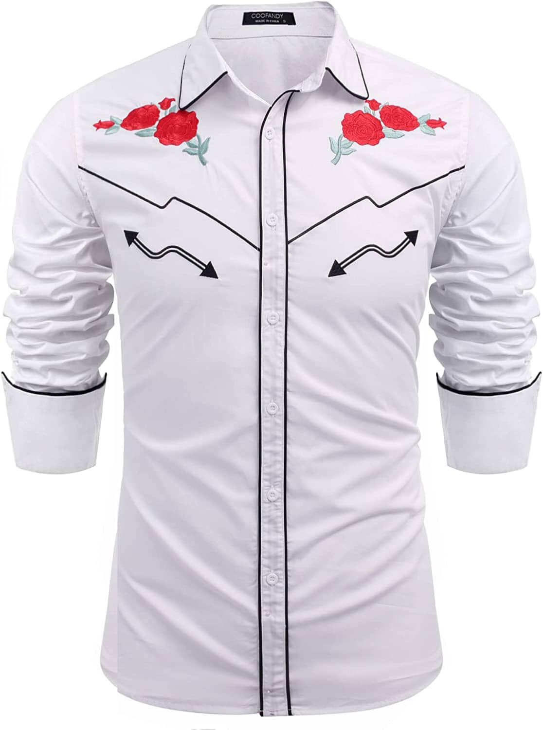 Western Cowboy Embroidered Button Down Cotton Shirt (US Only) Shirts COOFANDY Store White (Classic Rose) S 