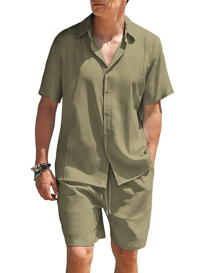 2 Piece Beach Guayabera Linen Set (US Only) Sets COOFANDY Store Army Green S 