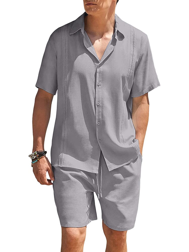 2 Piece Beach Guayabera Linen Set (US Only) Sets COOFANDY Store Dark Grey S 