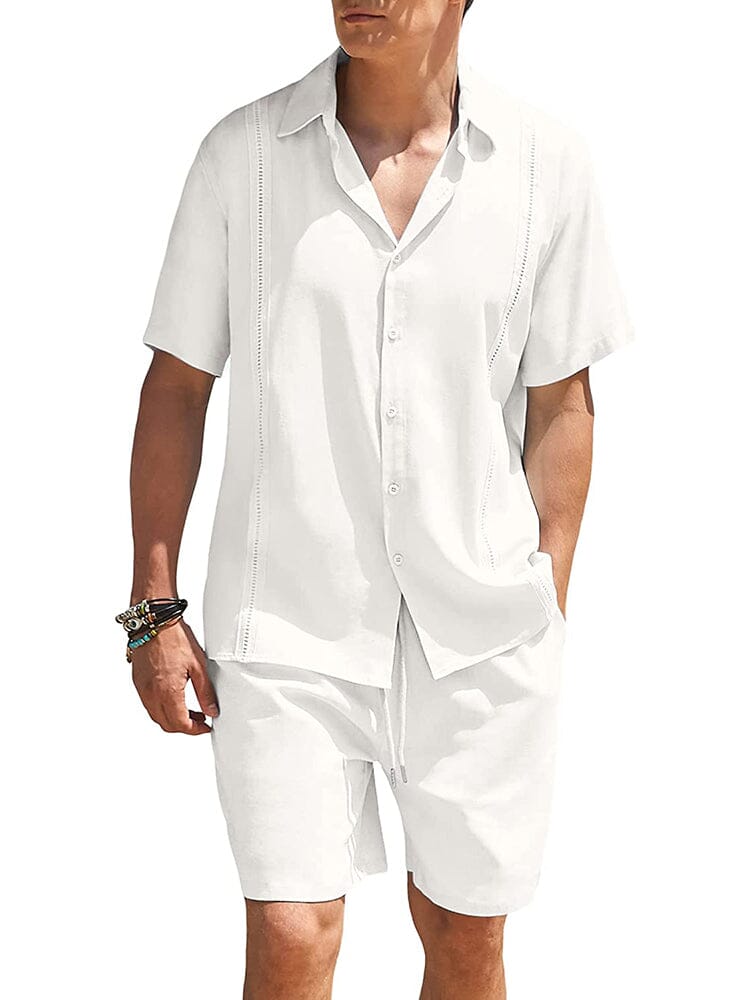 2 Piece Beach Guayabera Linen Set (US Only) Sets COOFANDY Store White S 