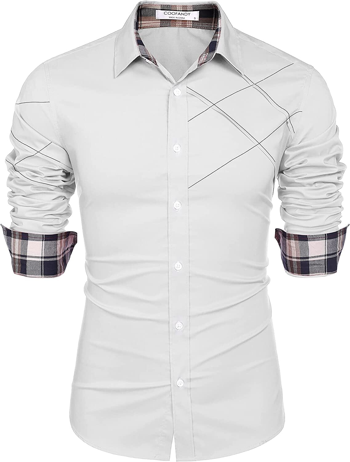 Plaid Collar Button Cotton Dress Shirt (US Only) Shirts COOFANDY Store White S 