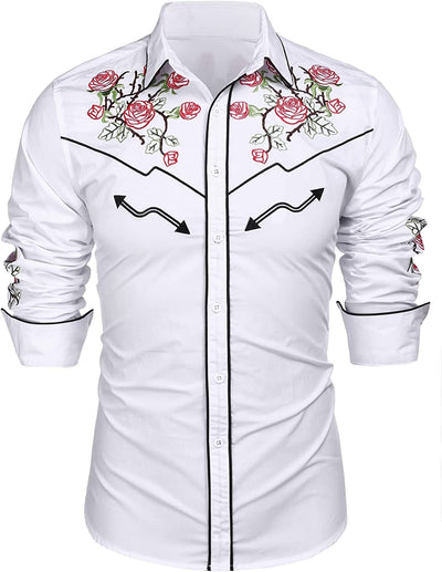 Western Cowboy Embroidered Button Down Cotton Shirt (US Only) Shirts COOFANDY Store White (Rose) S 