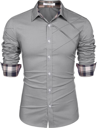 Plaid Collar Button Cotton Dress Shirt (US Only) Shirts COOFANDY Store Grey S 