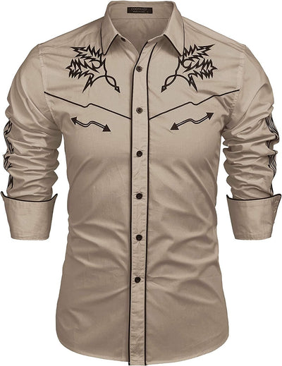 Western Cowboy Embroidered Button Down Cotton Shirt (US Only) Shirts COOFANDY Store Khaki S 