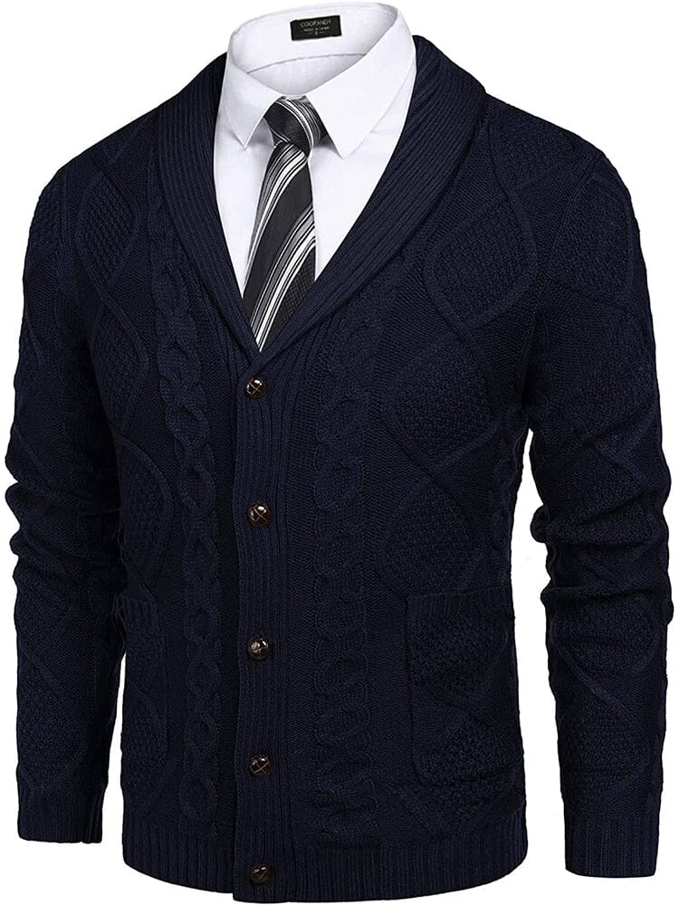 Shawl Collar Button Down Knitted Sweater with Pockets (US Only) Sweaters COOFANDY Store Navy Blue S 