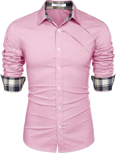 Plaid Collar Button Cotton Dress Shirt (US Only) Shirts COOFANDY Store Light Pink S 