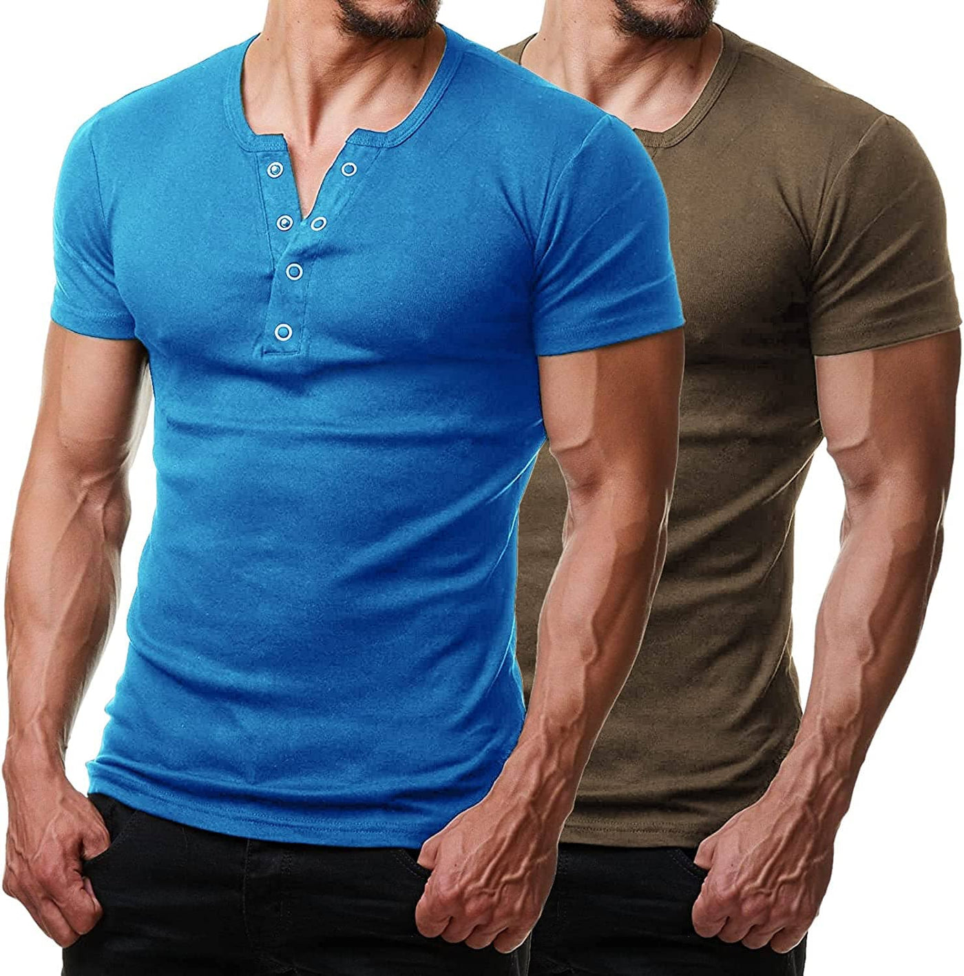 2 Pack Short Sleeve Workout Gym T-Shirt (US Only) T-shirt Coofandy's Blue/Brown S 