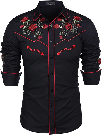 Western Cowboy Embroidered Button Down Cotton Shirt (US Only) Shirts COOFANDY Store Black (Rose) M 