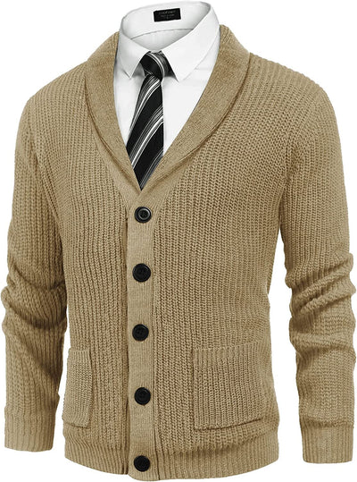 Lapel Button Up Cable Knit Cardigan with Pockets (US Only) Cardigans COOFANDY Store Dark Khaki S 