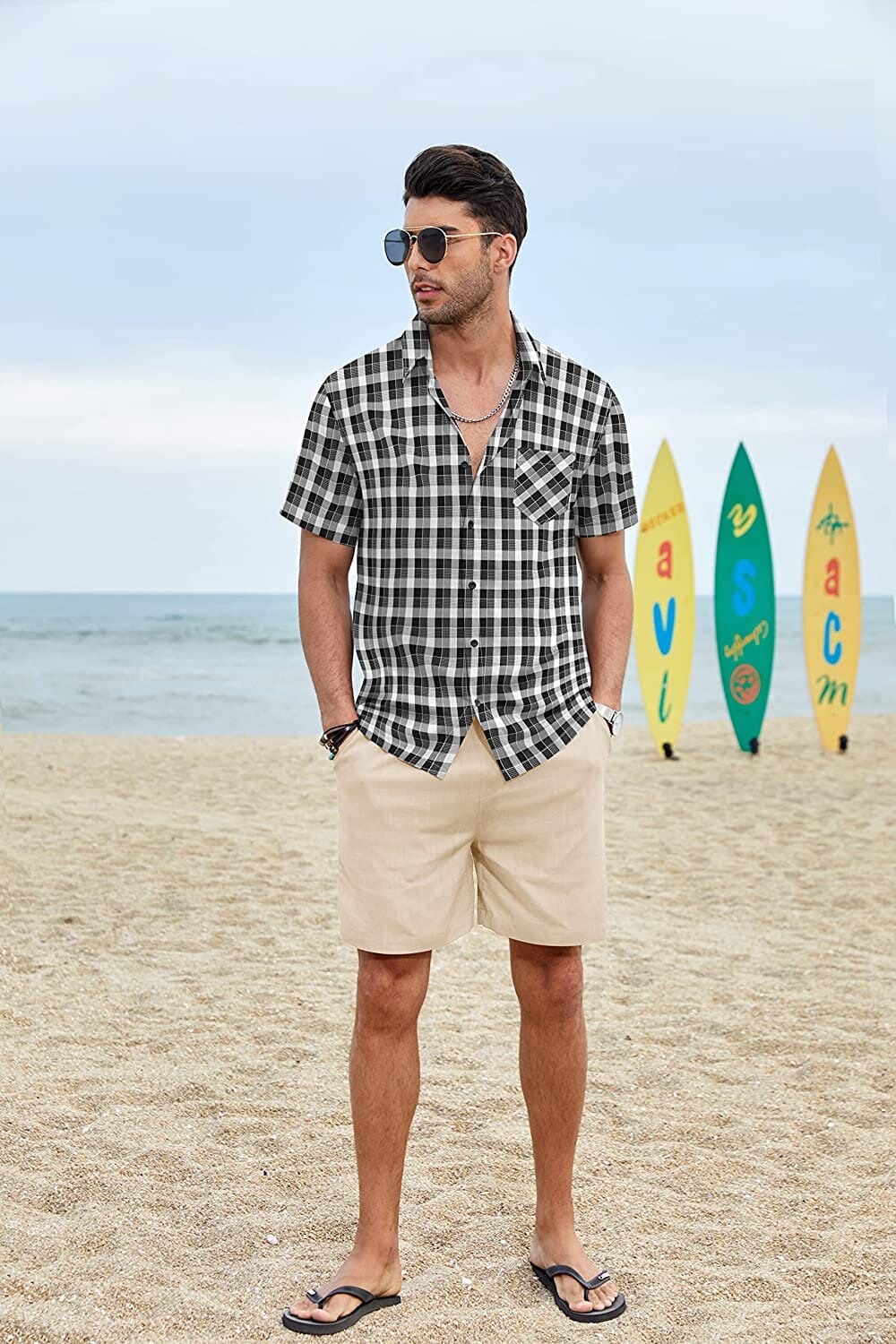 Classic Short Sleeve Plaid Cotton Shirts with Pocket (US Only) Shirts COOFANDY Store 
