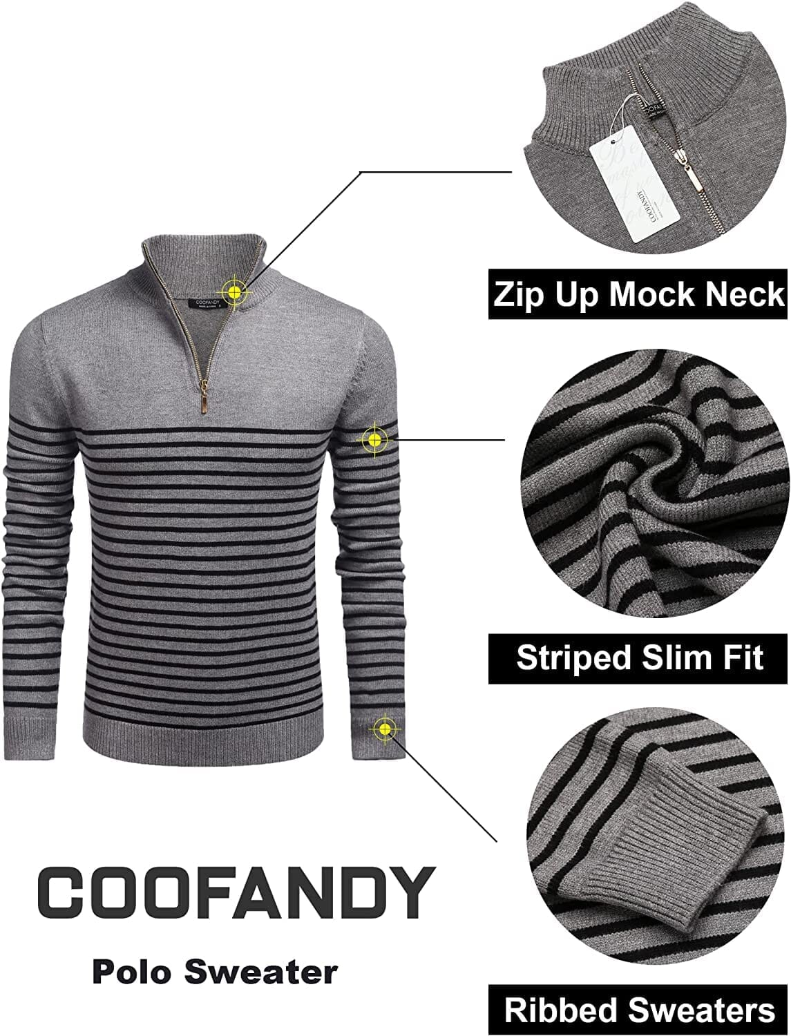 Striped Zip Up Mock Neck Pullover Sweaters (US Only) Sweaters COOFANDY Store 