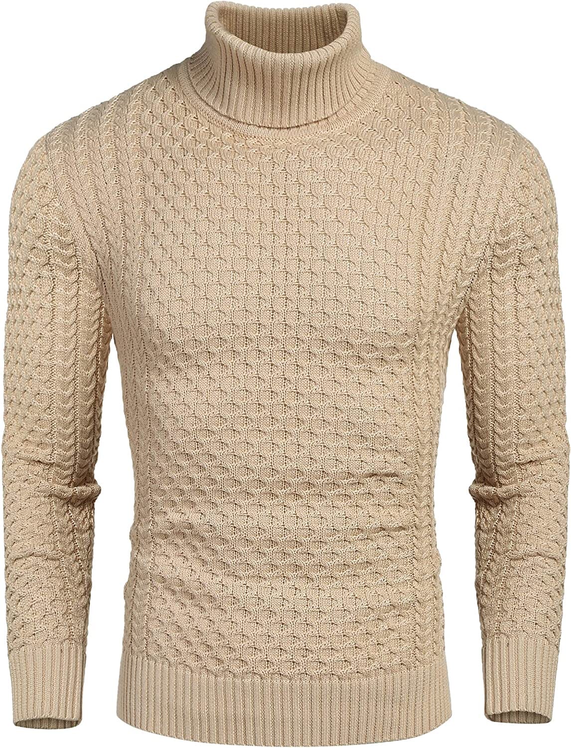 Slim Fit Turtleneck Knitted Twisted Pullover Sweaters (US Only) Sweaters Coofandy's Khaki S 