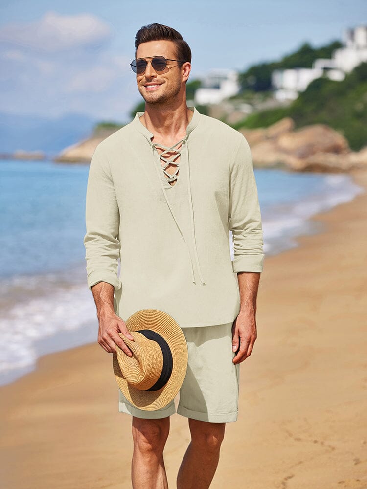 Cotton 2 Pieces Henley Shirt Set (US Only) Sets coofandystore Beige S 