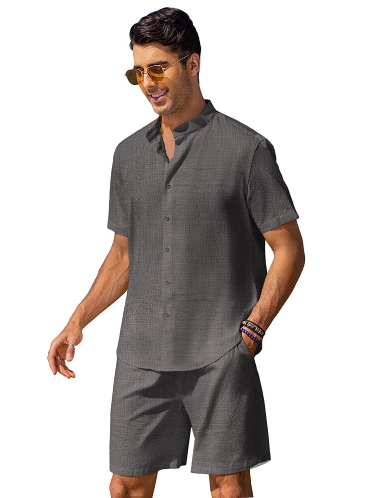 Casual Cotton Linen Stand Collar Shirt Set (US Only) Sets coofandy Dark Grey S 