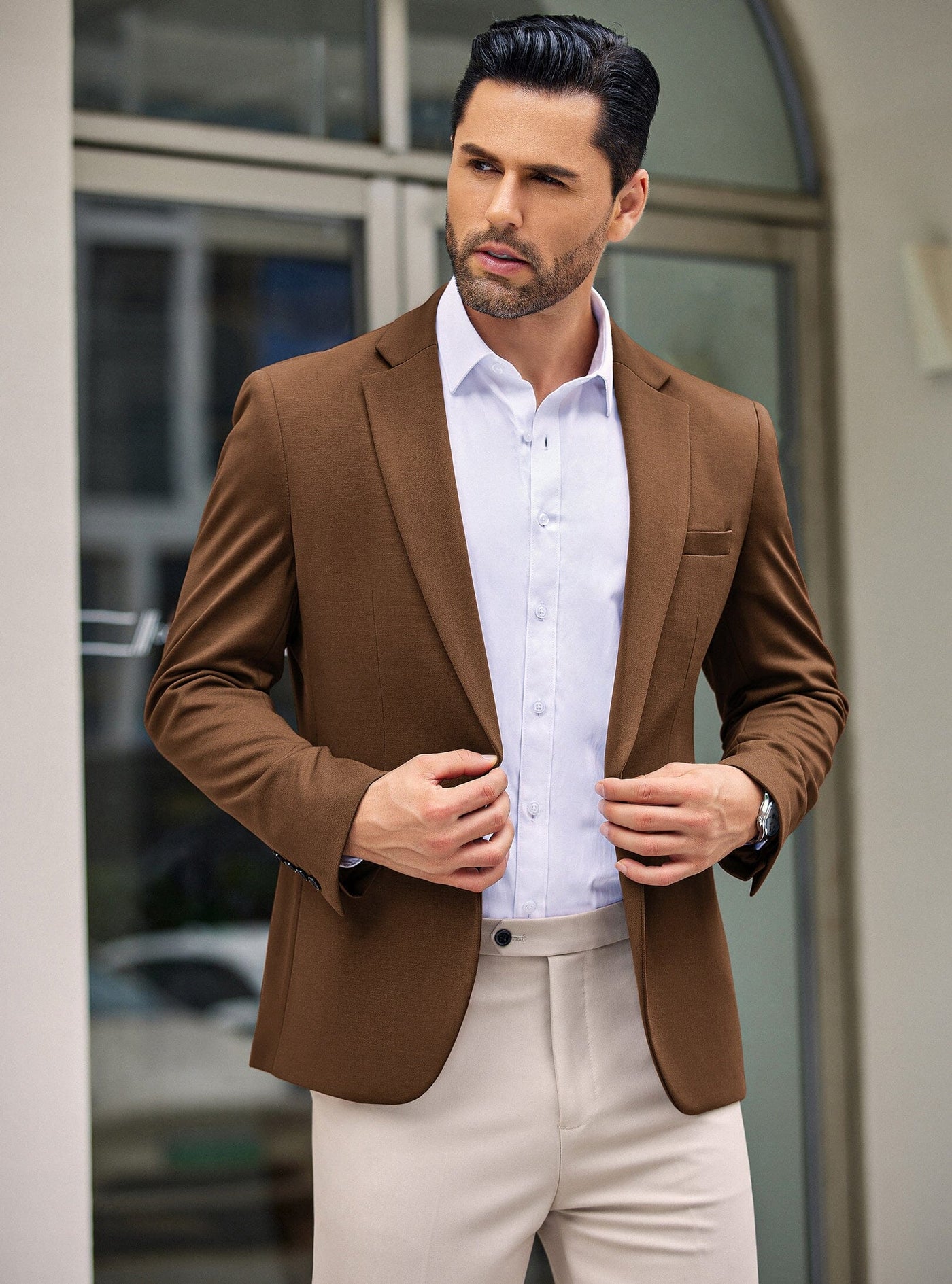 Simple One Button Blazer Jacket (US Only) Blazer coofandy Brown S 