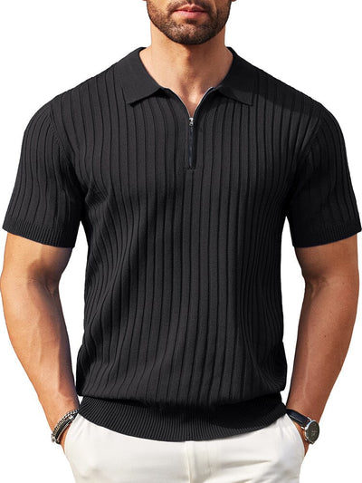 Casual Stretch Ribbed Knit Polo Shirt (US Only) Shirts coofandy Black S 