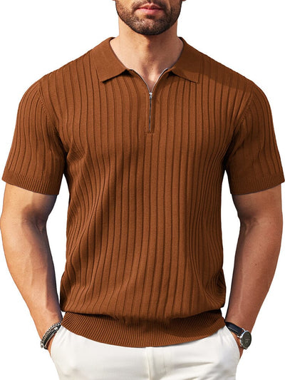 Casual Stretch Ribbed Knit Polo Shirt (US Only) Shirts coofandy Brown S 