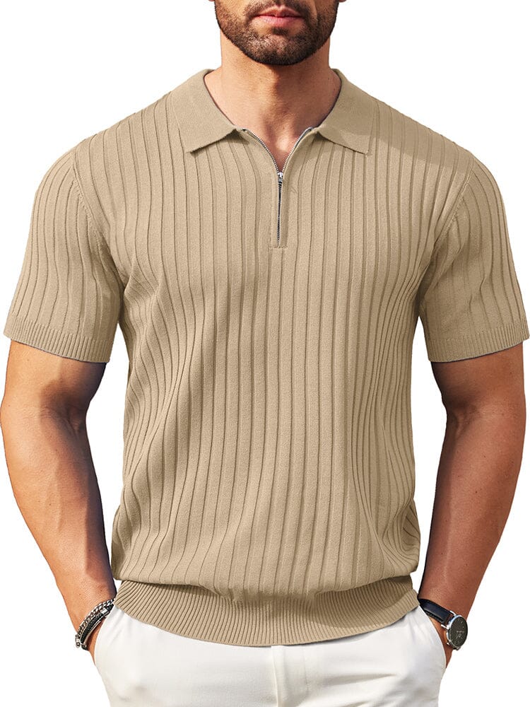 Casual Stretch Ribbed Knit Polo Shirt (US Only) Shirts coofandy Khaki S 