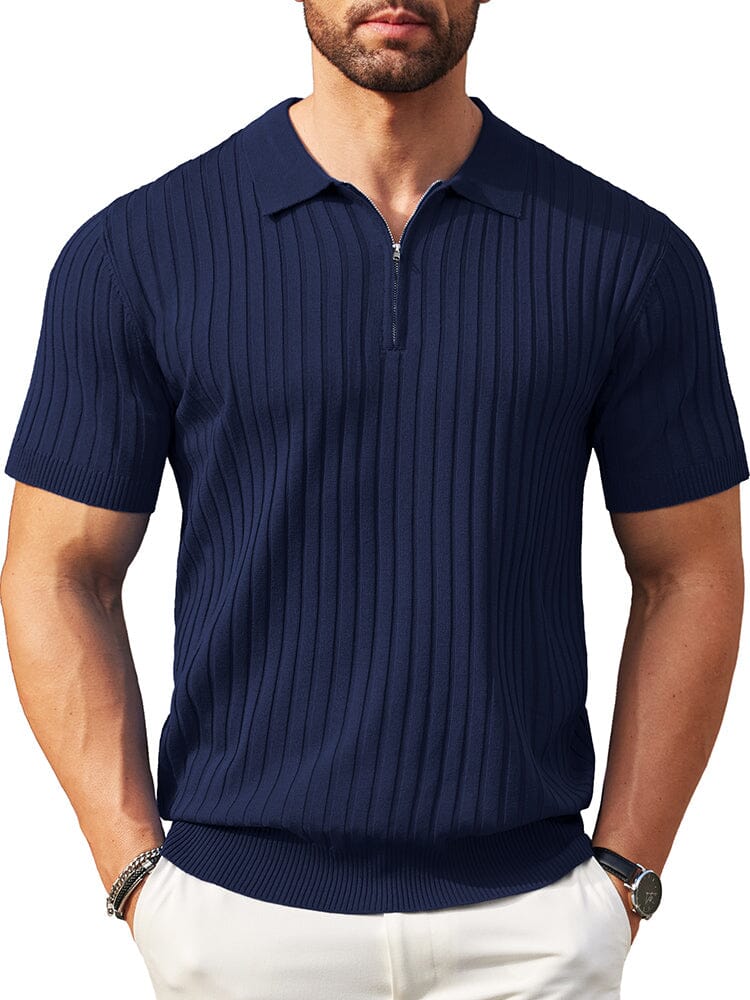 Casual Stretch Ribbed Knit Polo Shirt (US Only) Shirts coofandy Navy Blue S 