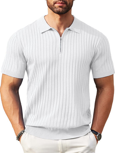 Casual Stretch Ribbed Knit Polo Shirt (US Only) Shirts coofandy White S 