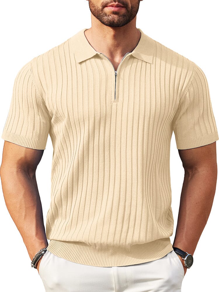 Casual Stretch Ribbed Knit Polo Shirt (US Only) Shirts coofandy Beige S 