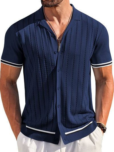 Casual Striped Button Down Knit Shirt (US Only) Shirts coofandy Navy Blue S 