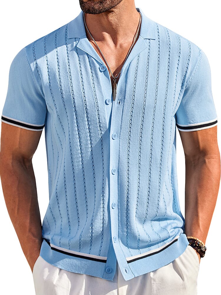 Casual Striped Button Down Knit Shirt (US Only) Shirts coofandy Clear Blue S 