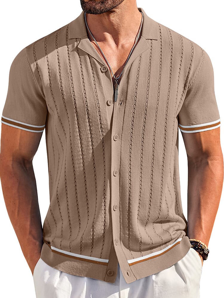 Casual Striped Button Down Knit Shirt (US Only) Shirts coofandy Dark Beige S 