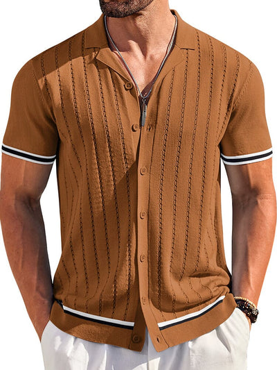 Casual Striped Button Down Knit Shirt (US Only) Shirts coofandy Brown S 