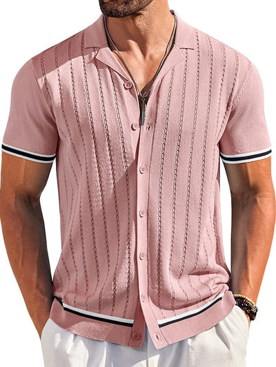 Casual Striped Button Down Knit Shirt (US Only) Shirts coofandy Pink S 