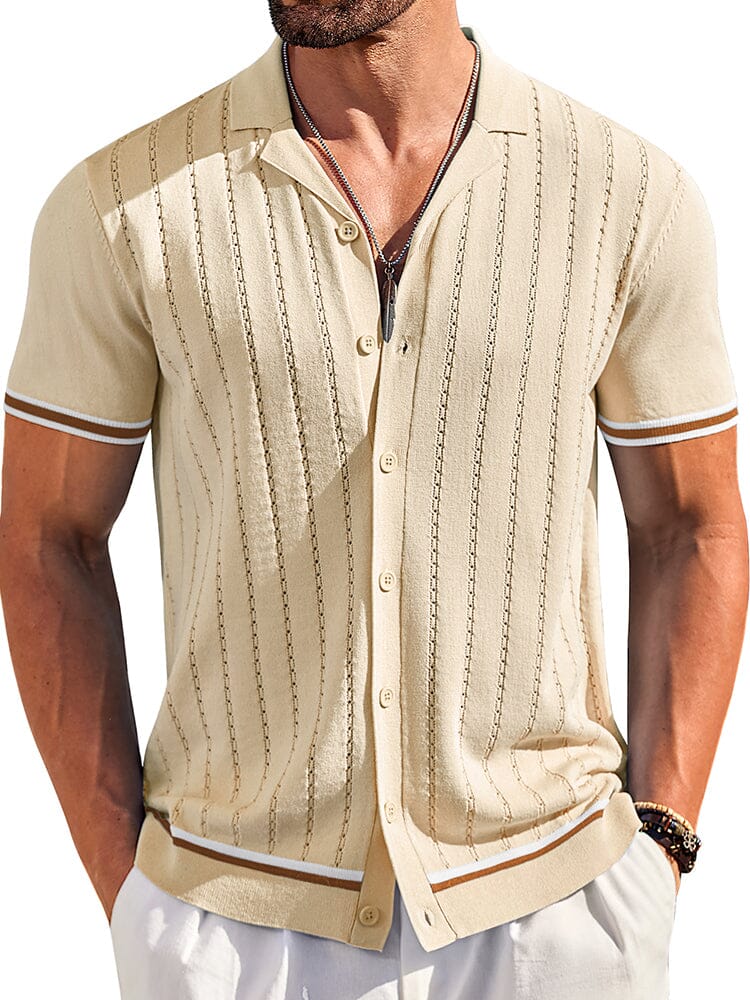 Casual Striped Button Down Knit Shirt (US Only) Shirts coofandy Beige S 