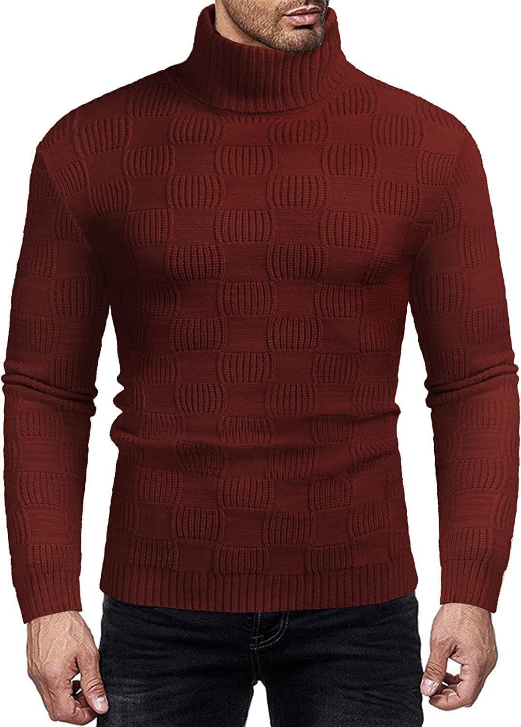 Men's Knitted Turtleneck Sweater Plaid Hightneck Long Sleeve Sweater (US Only) Sweaters COOFANDY Store 