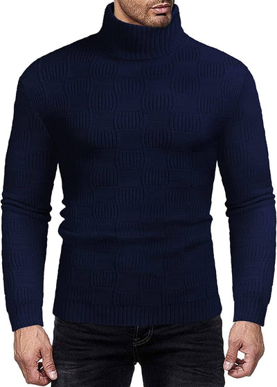 Men's Knitted Turtleneck Sweater Plaid Hightneck Long Sleeve Sweater (US Only) Sweaters COOFANDY Store Navy Blue S 