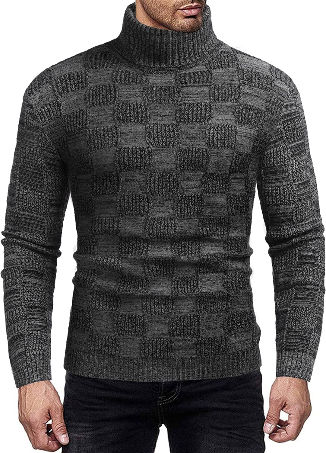 Men's Knitted Turtleneck Sweater Plaid Hightneck Long Sleeve Sweater (US Only) Sweaters COOFANDY Store Grey S 