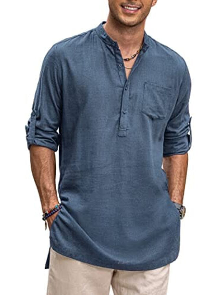 Linen Henley Long Sleeve Shirts with Pocket (US Only) Shirts Coofandy's Dark Blue S 