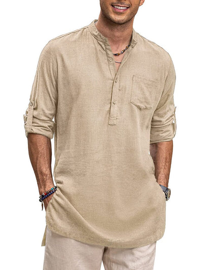 Linen Henley Long Sleeve Shirts with Pocket (US Only) Shirts Coofandy's Khaki S 