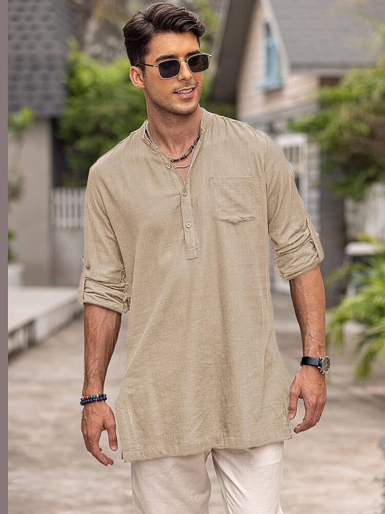 Linen Henley Long Sleeve Shirts with Pocket (US Only) Shirts Coofandy's 