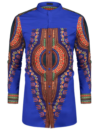 Casual Ethnic Graphic Long Shirt (US Only) Shirts COOFANDY Store Blue S 