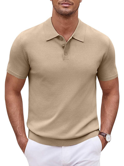 Classic Solid Color Knit Polo Shirt Polos coofandy Khaki S 