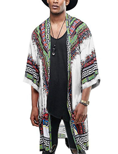 Graphic Ruffle Shawl Collar Lightweight Drape Cape (US Only) Cardigans coofandy White S 