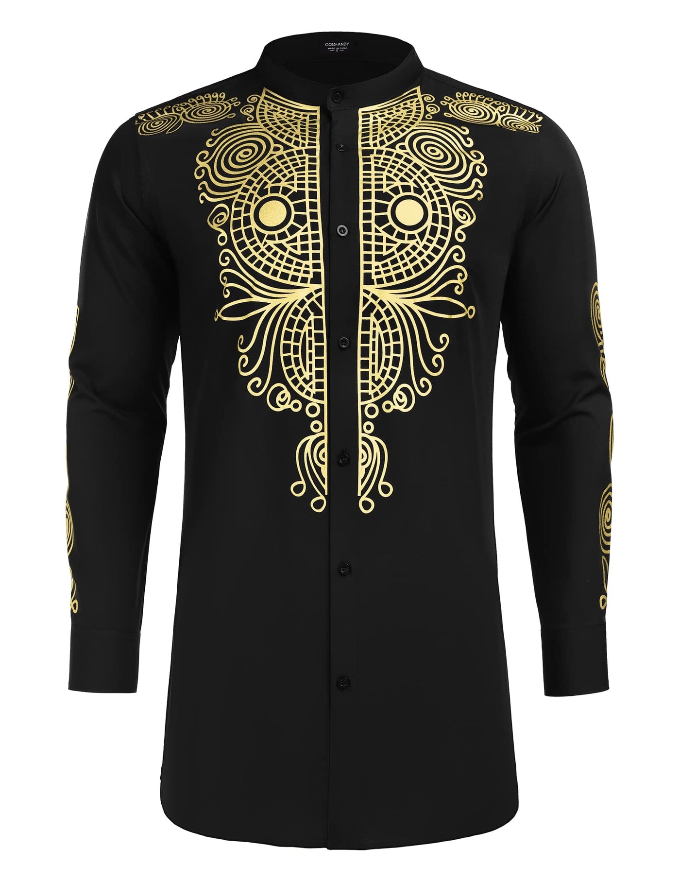 Casual Ethnic Graphic Long Shirt (US Only) Shirts COOFANDY Store Black/Gold S 