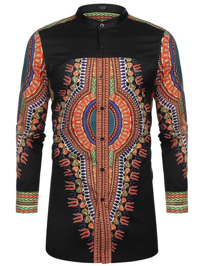 Casual Ethnic Graphic Long Shirt (US Only) Shirts COOFANDY Store Black S 