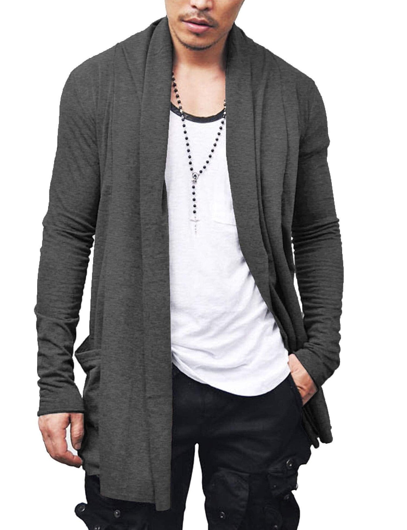 Ruffle Shawl Collar Knitted Cardigan (US Only) Cardigans COOFANDY Store Dark Grey M 