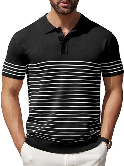 Casual Stripe Knit Polo Shirt (US Only) Shirts & Polos coofandy Black S 