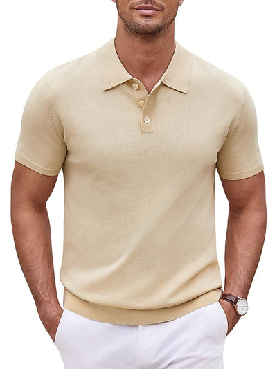 Classic Solid Color Knit Polo Shirt Polos coofandy Light Khaki S 